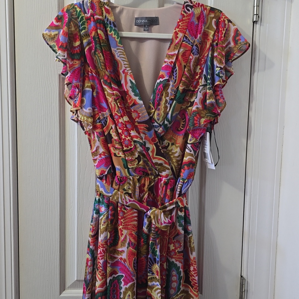 DONNA RICCO WOMENS MULTI-COLORED LINED RUFFLED SLEEVES SUMMER DRESS SIZE 10